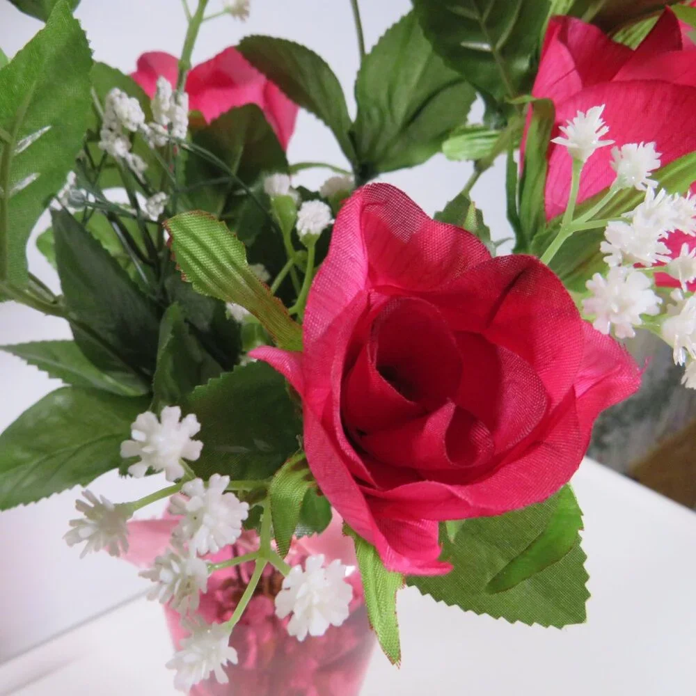 Pink Glass Vase with Warm Pink Faux Roses & Baby's Breath Silk Flowers